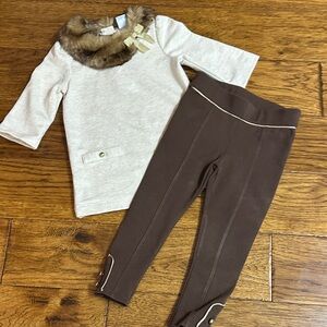 Cream Top with Faux Fur Collar and Brown Leggings Set